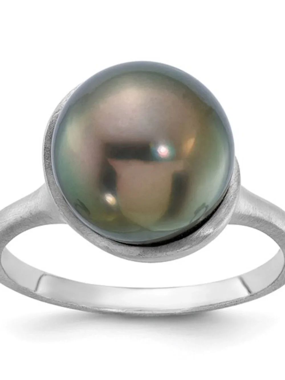 Modern Elegance: 14K White Gold Brushed Black Tahitian Pearl Ring